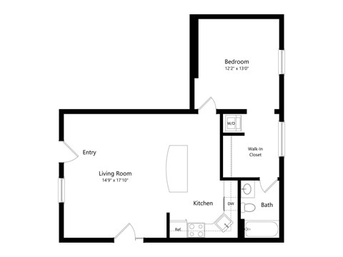 Floor plan for 1 bed, 1 bath, 750 sqft